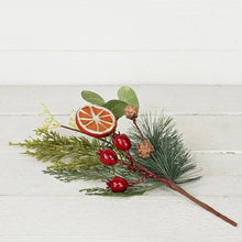 Load image into Gallery viewer, Mixed Faux Pine with Eucalyptus, Crabapple, & Orange 16" Pick