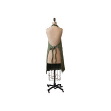Load image into Gallery viewer, Olive Green Cotton Waffle Weave Apron w/ Pockets & Crochet Lace Trim