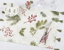 Load image into Gallery viewer, Pine Needle &amp; Red Berry Cotton Christmas Placemats &amp; Table Runner with Tassel 16"W x 72"L [Online Only]
