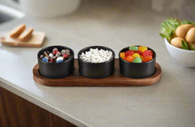 Load image into Gallery viewer, Acacia Wood &amp; Ceramic Condiment Bowl Set on Acacia Wood Base [Online Only]
