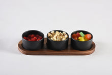 Load image into Gallery viewer, Acacia Wood &amp; Ceramic Condiment Bowl Set on Acacia Wood Base [Online Only]
