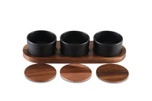 Load image into Gallery viewer, Acacia Wood &amp; Ceramic Condiment Bowl Set on Acacia Wood Base [Online Only]
