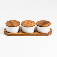 Load image into Gallery viewer, Acacia Wood &amp; Ceramic Condiment Bowl Set on Acacia Wood Base [Online Only]
