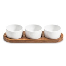 Load image into Gallery viewer, Acacia Wood &amp; Ceramic Condiment Bowl Set on Acacia Wood Base [Online Only]
