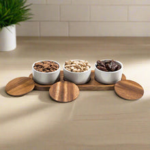 Load image into Gallery viewer, Acacia Wood &amp; Ceramic Condiment Bowl Set on Acacia Wood Base [Online Only]
