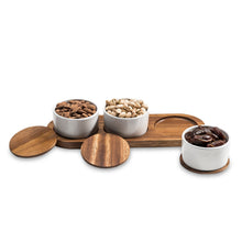 Load image into Gallery viewer, Acacia Wood &amp; Ceramic Condiment Bowl Set on Acacia Wood Base [Online Only]
