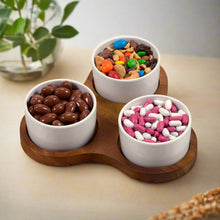 Load image into Gallery viewer, Acacia Wood Triangular Serving Set with 3 Ceramic Dishes [Online Only]
