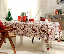 Load image into Gallery viewer, Red Deer and Floral Pom Pom Christmas Tablecloth [Online Only]
