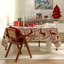Load image into Gallery viewer, Red Deer and Floral Pom Pom Christmas Tablecloth [Online Only]
