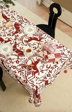 Load image into Gallery viewer, Red Deer and Floral Pom Pom Christmas Tablecloth [Online Only]
