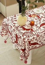 Load image into Gallery viewer, Red Deer and Floral Pom Pom Christmas Tablecloth [Online Only]
