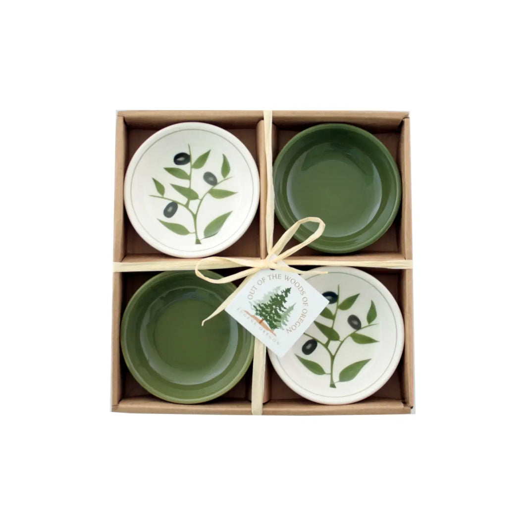 Set of 4 Small Round Bowls - Olive Branch & Olive Green