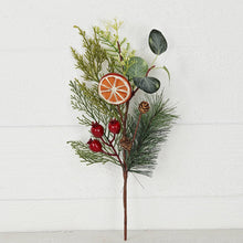 Load image into Gallery viewer, Mixed Faux Pine with Eucalyptus, Crabapple, &amp; Orange 16" Pick
