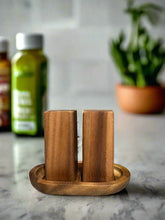 Load image into Gallery viewer, Acacia Wood Salt &amp; Pepper Shakers on Acacia Wood Base [Online Only]

