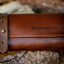 Load image into Gallery viewer, Messermeister Overland Leather 5 Pocket Knife Roll With Pin Closure - Cognac Brown [Online Only]
