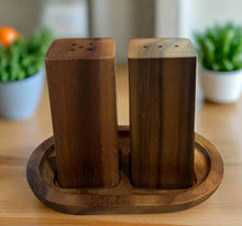 Load image into Gallery viewer, Acacia Wood Salt &amp; Pepper Shakers on Acacia Wood Base [Online Only]
