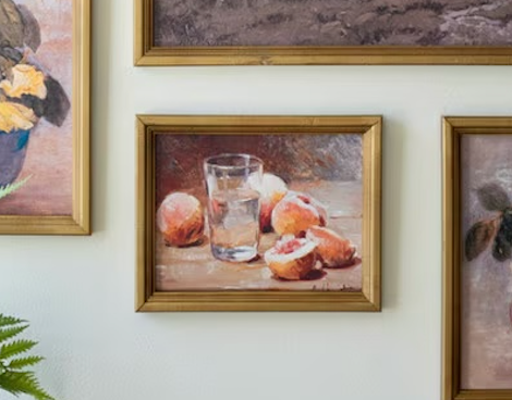 Framed Peaches & Water Glass Oil Canvas Print