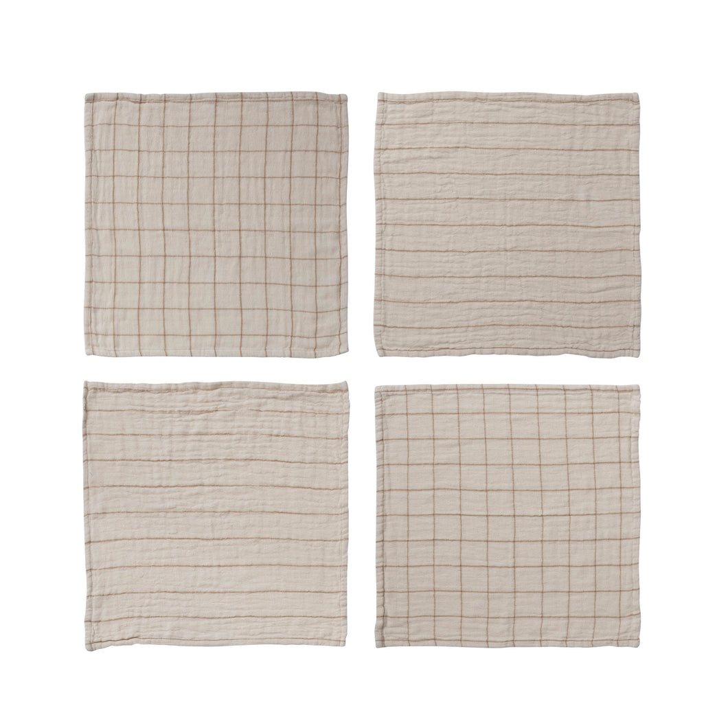 Cotton Double Cloth Napkins with Grid/Stripe Pattern (Set of 4)