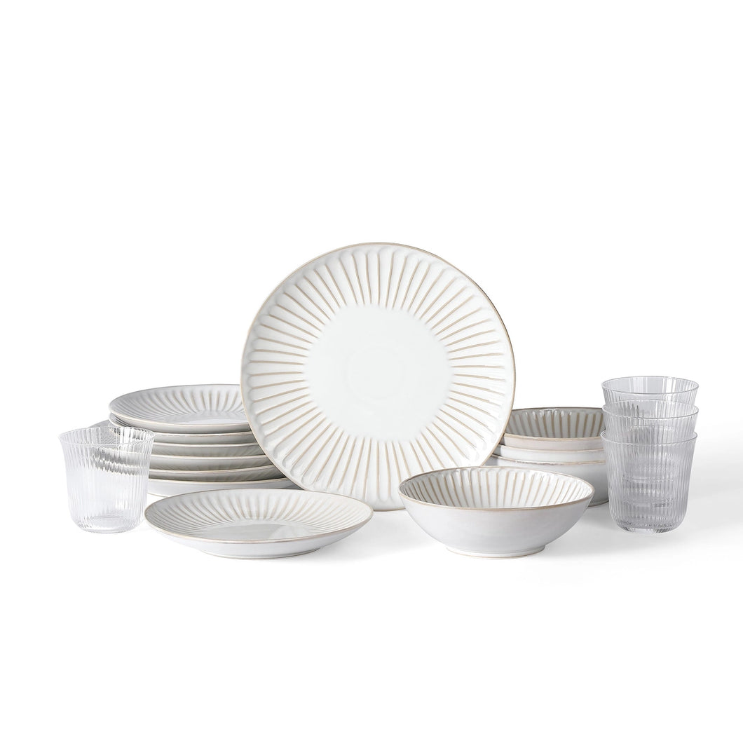Stone + Lain Linea Stoneware 16-Piece Dinnerware Set, Includes Glassware, White
