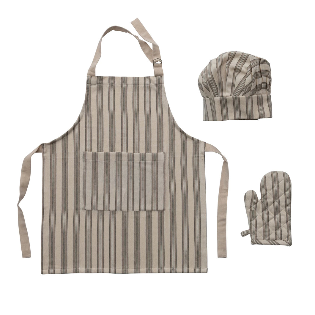 Cotton Child Apron w/ Chef Hat, Oven Mitt & Stripes (Set of 3)