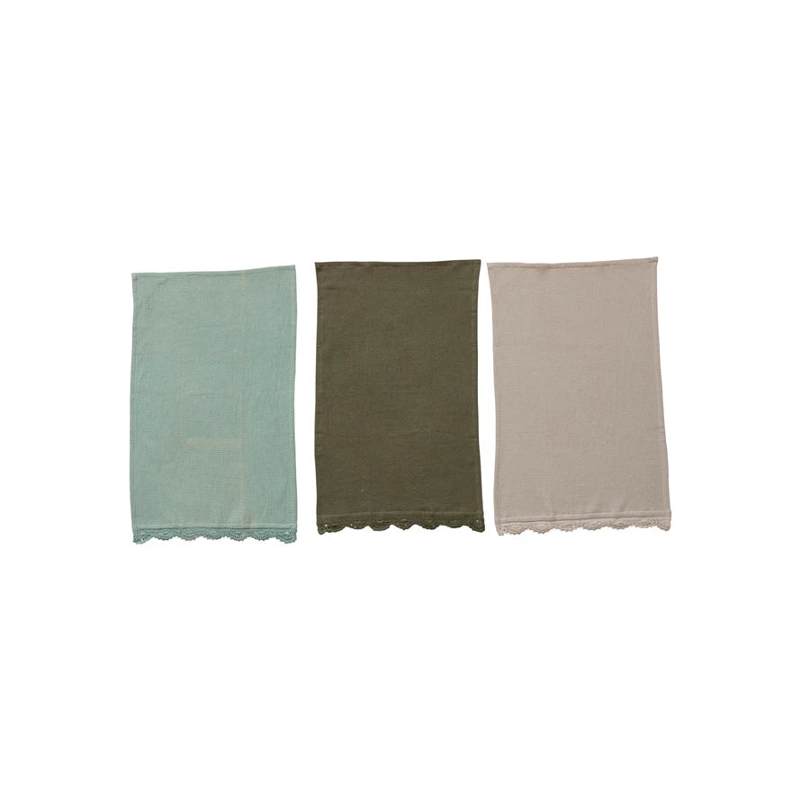 Cotton Waffle Weave Tea Towel w/ Crochet Lace Trim (3 Colors)