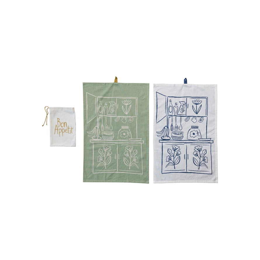 Cotton Slub Tea Towels w/ Kitchen Scene & Loops (Set of 2 in Bag)