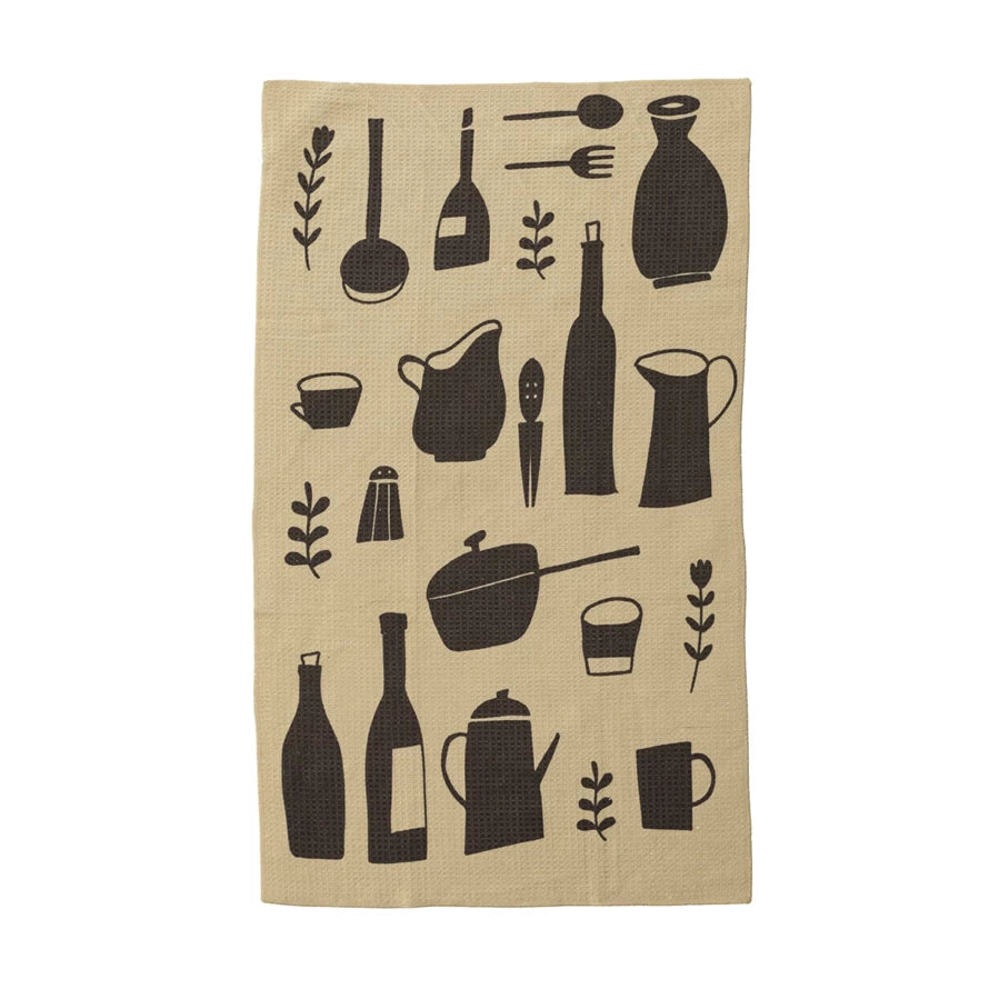Printed Recycled Microfiber Tea Towel w/ Kitchenware Pattern