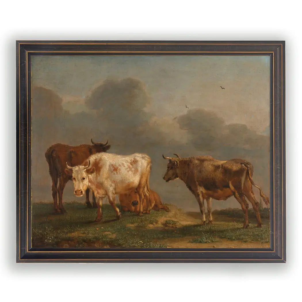 Framed Vintage Cow Oil Painting Reproduction