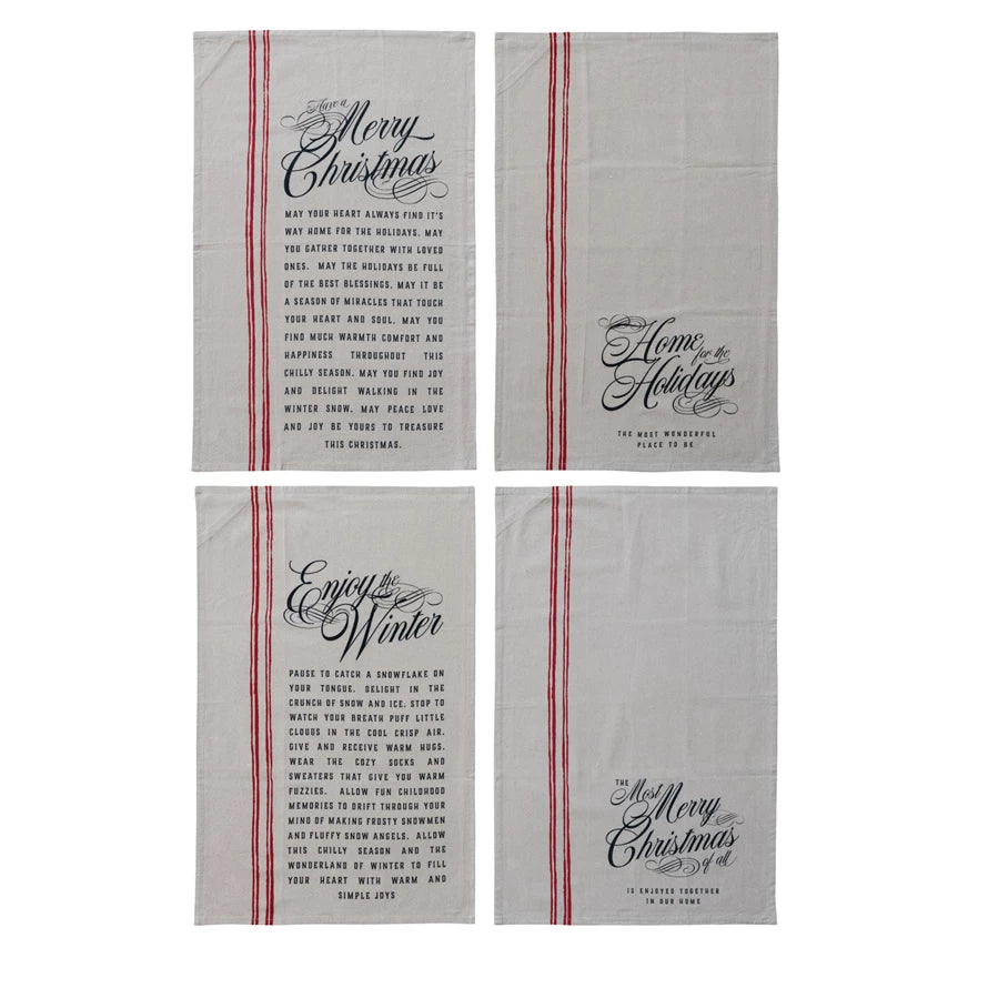 Tea Towel with Stripes & Holiday Saying (4 Styles)