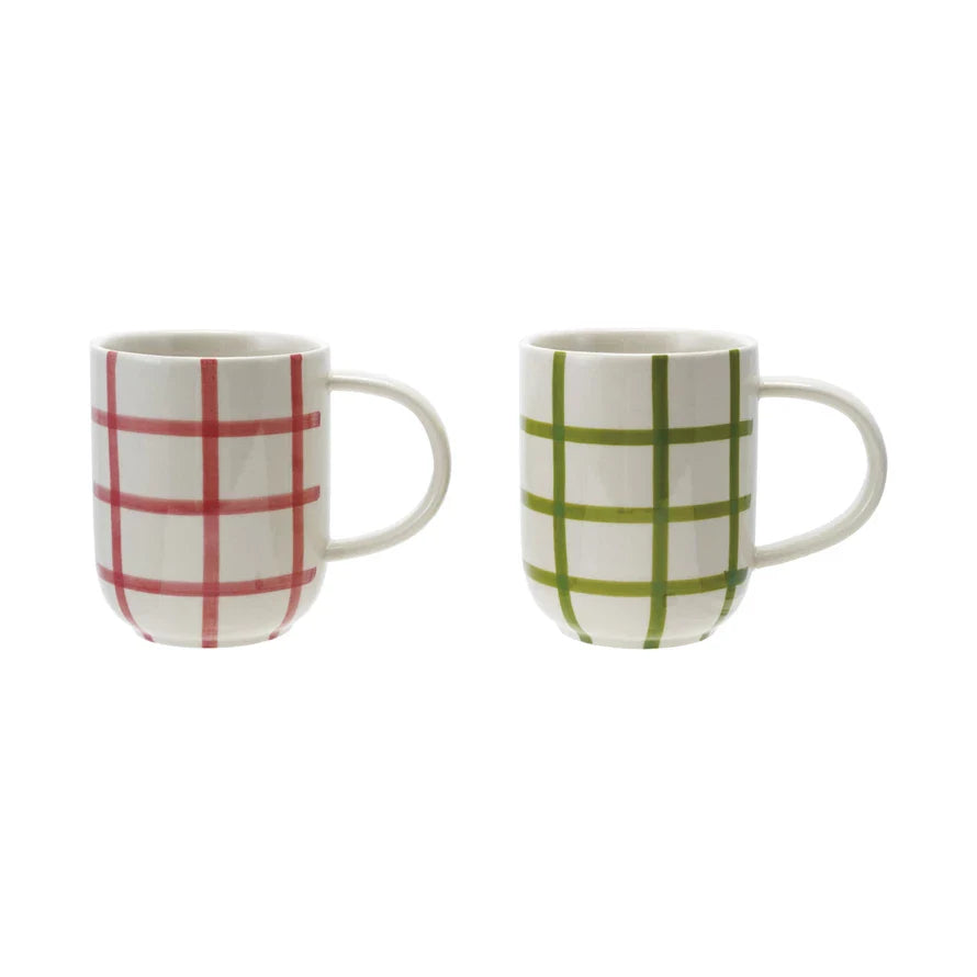 Hand-Painted Stoneware Mug with Grid Pattern (2 Colors)