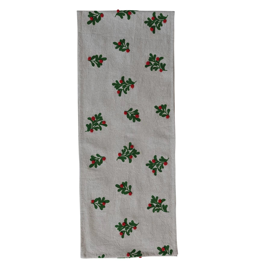 Table Runner with Embroidered Mistletoe Pattern & Pom Poms