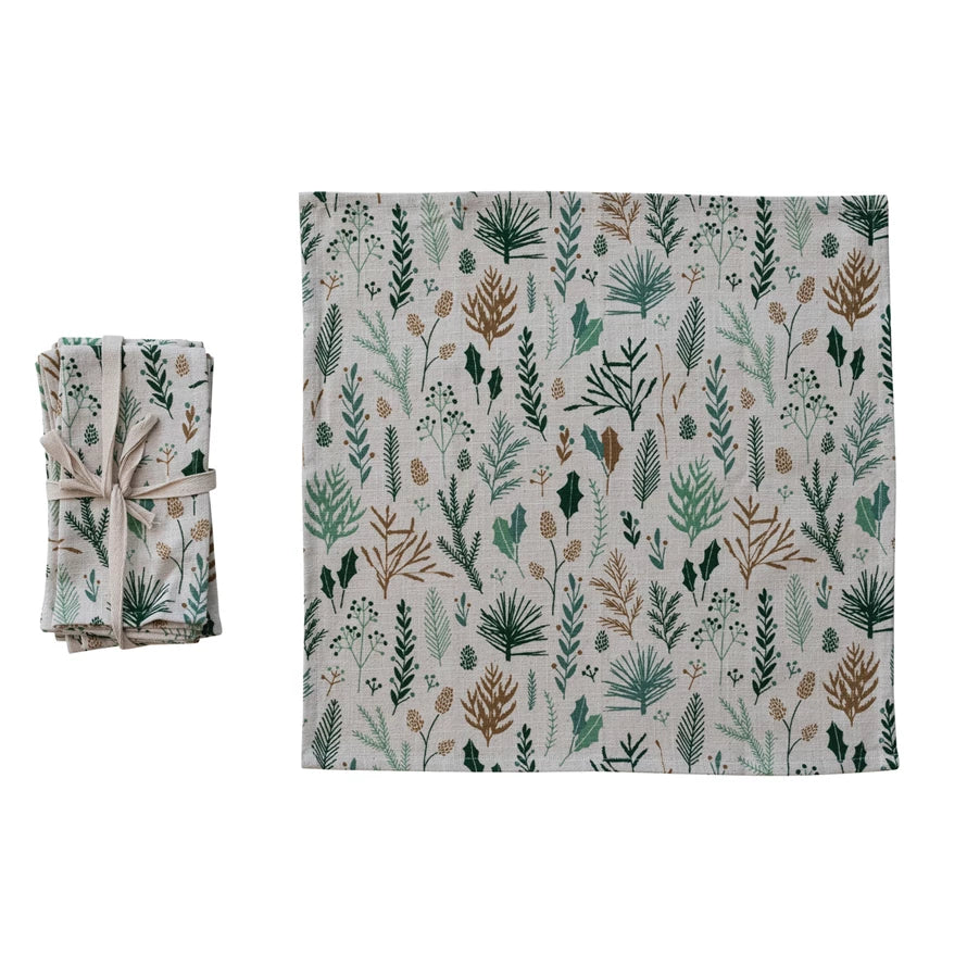 Woven Cotton Slub Printed Napkins with Winter Botanicals (Set of 4)